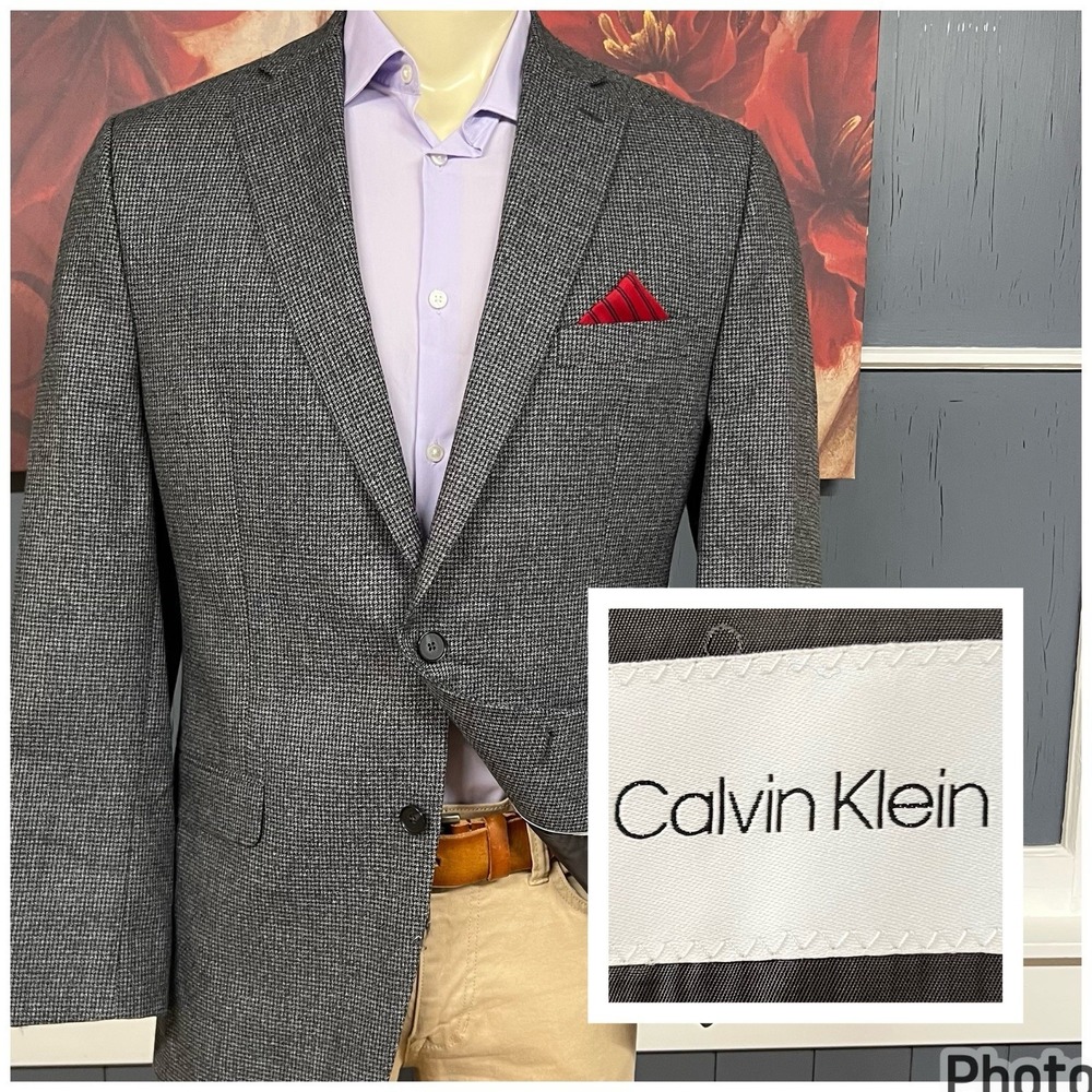 Calvin Klein Blazer Jacket Sport Coat Mens 42L Long Slim Fit Wool Gray Flannel